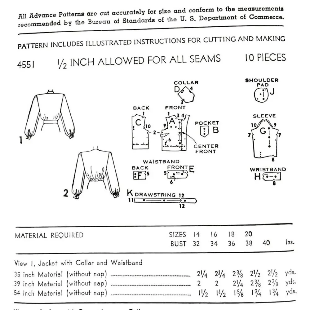 1950s Advance‎ 4551 Blouse Sewing Pattern Womans Size 20 Bust 38 Jacket